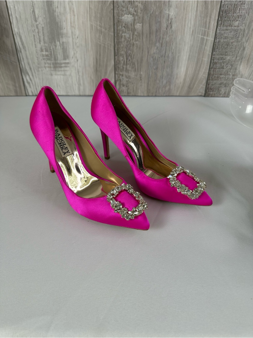 Badgley Mischka Satin Pointed Toe Heels with Crystal Buckles